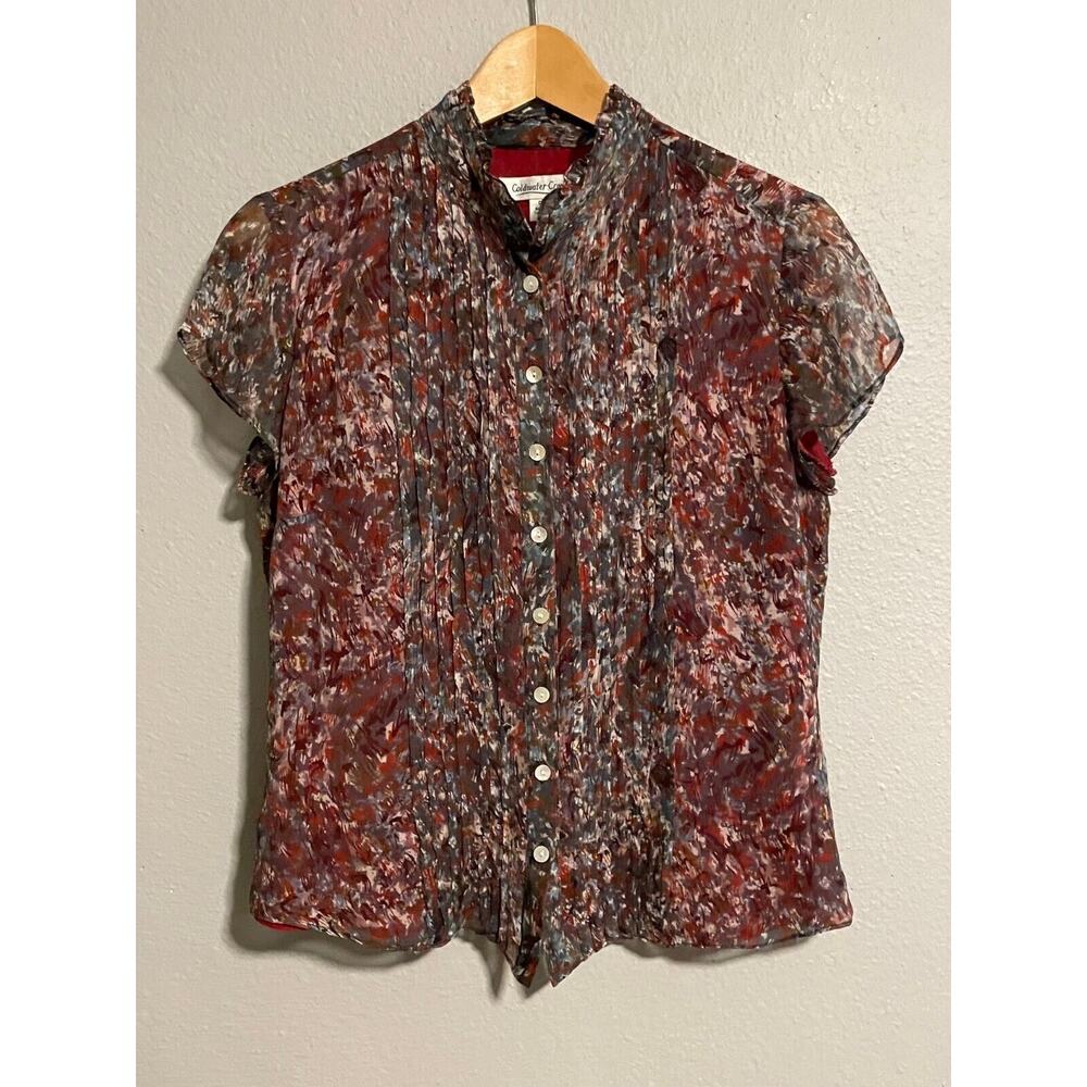 Coldwater Creek Women Top Petite Small Silk Abstract Chiffon Pleated Fairy Artsy